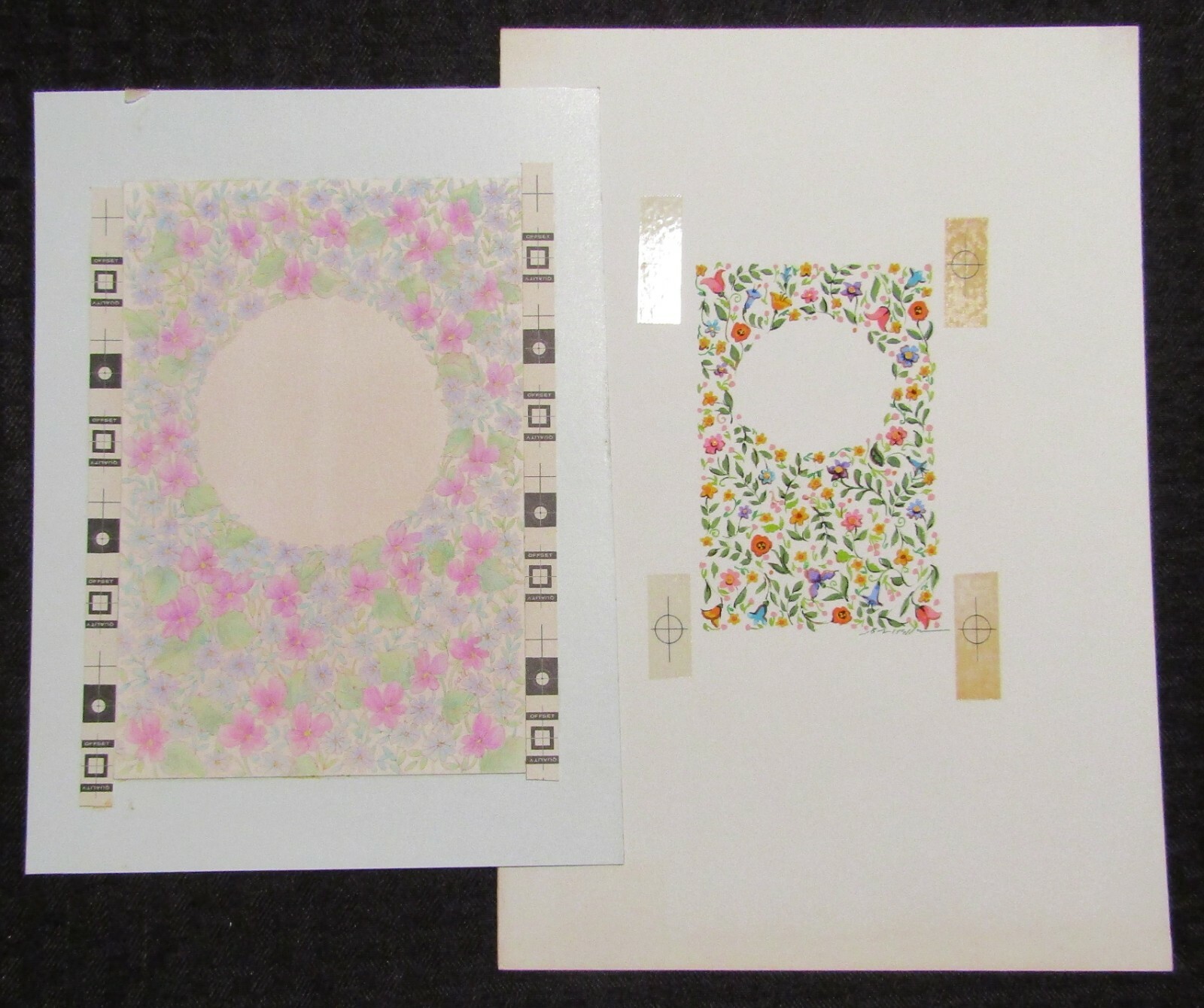 WITH SYMPATHY Violet Flowers with Circles 7.5x11" Greeting Card Art LOT of 2