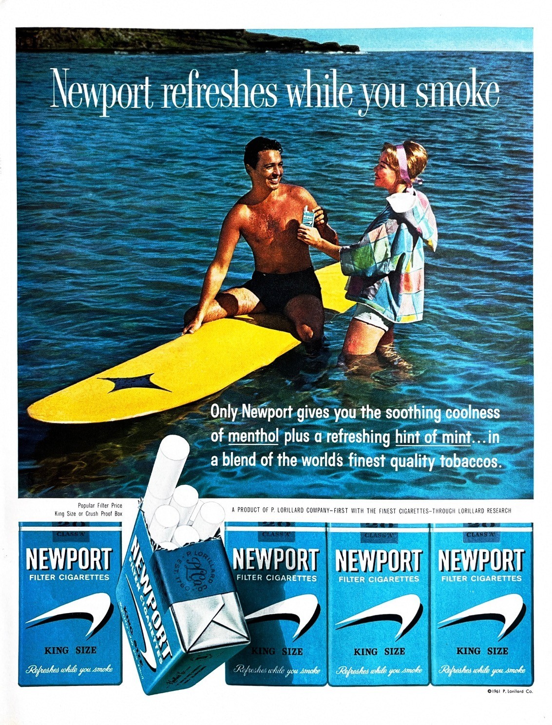 1961 NEWPORT CIGARETTES Genuine Vintage Print Ad Tobacco Surfboard 10" x 14"