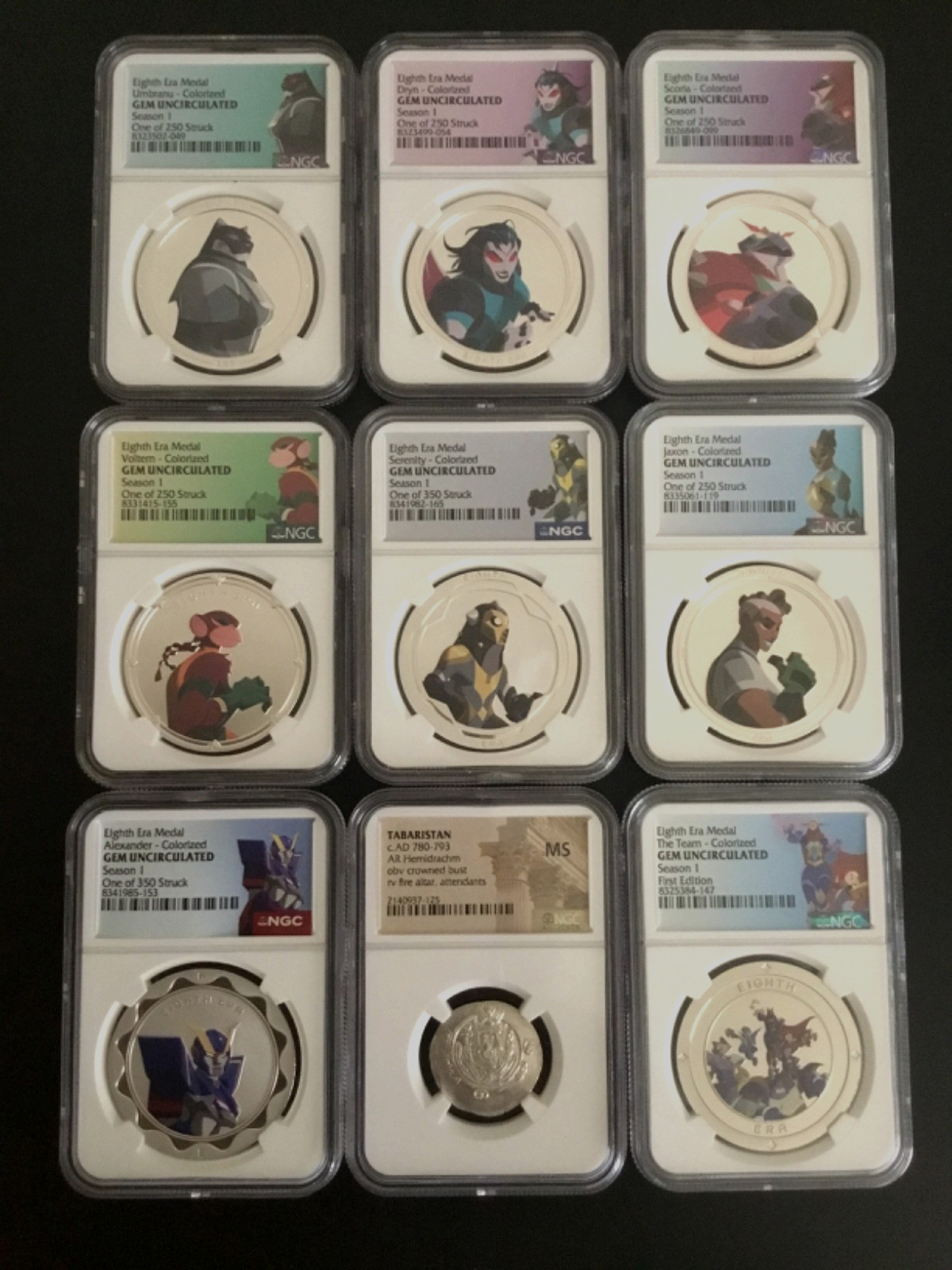 EIGHTH ERA COMPLETE RARE SEASON 1 NGC GEM MEDAL SET W/ANCIENT AND TEAM MEDAL