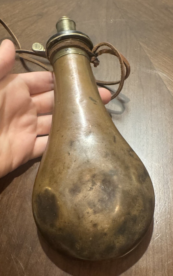 James Dixon & Sons Antique Brass Powder Flask with Leather Strap