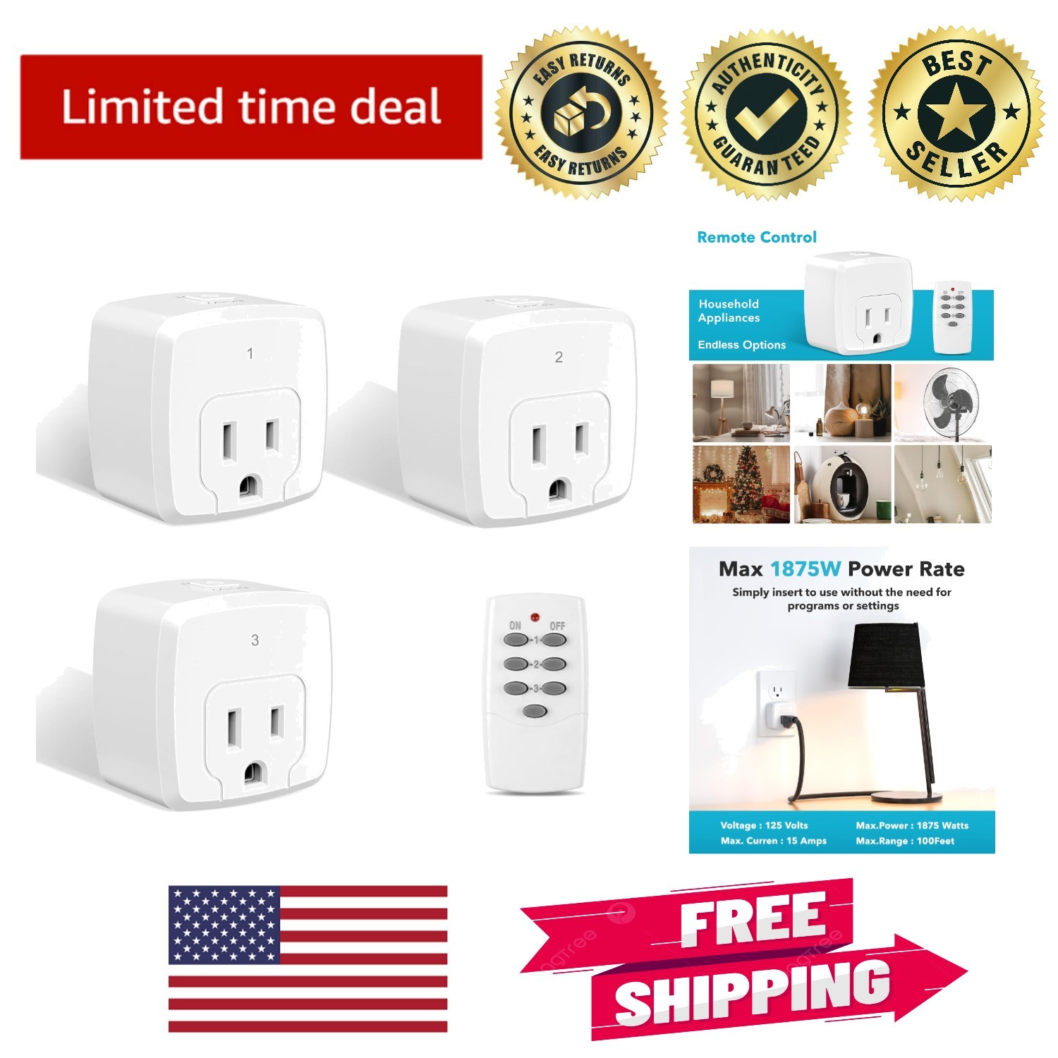 Energy Efficient 3-Outlet Remote Control Plug - 100FT RF Signal Included