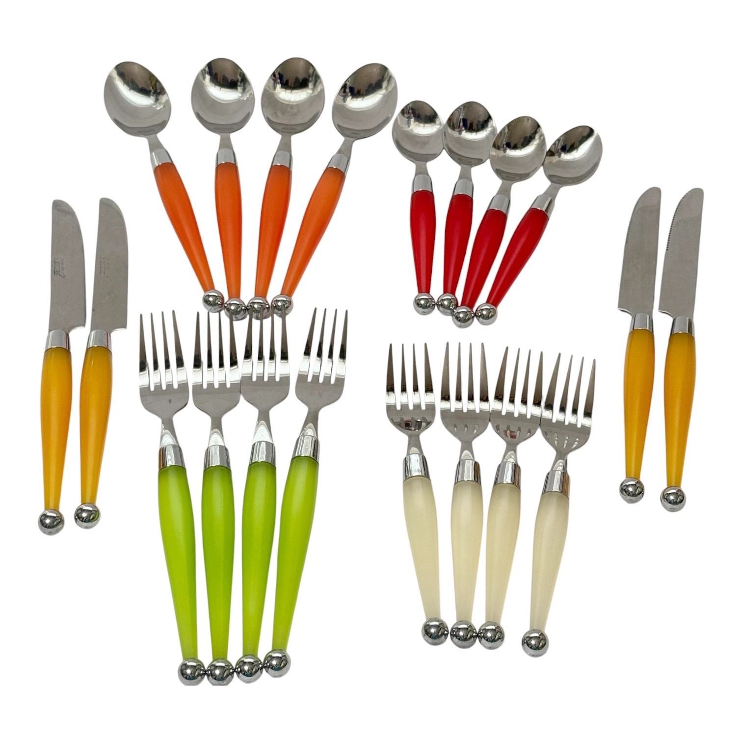 Lot 20 CAMBRIDGE CARNIVAL Stainless Flatware Colored Plastic Handle Serv for 4