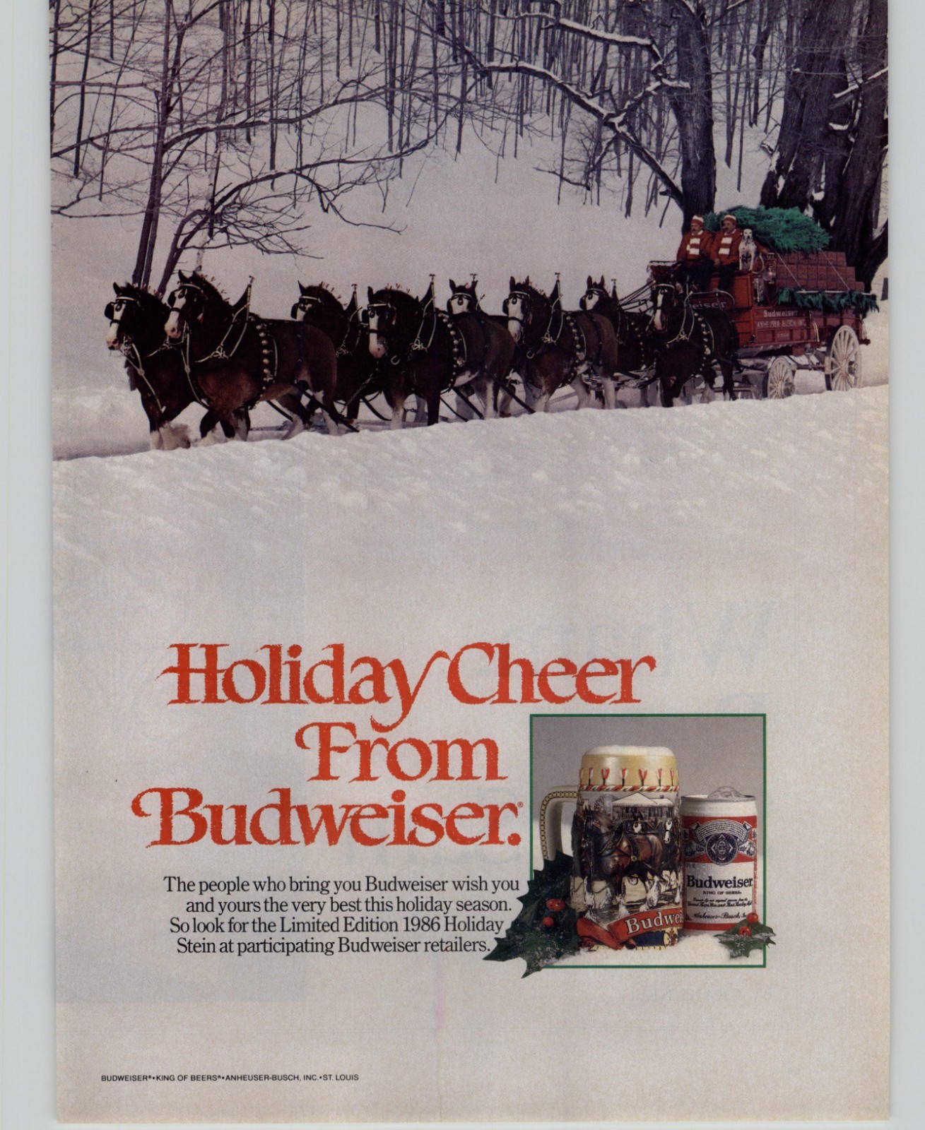 1986 Vintage Print Ad Budweiser Beer Christmas Clydesdale Horses Wagon Snow Art