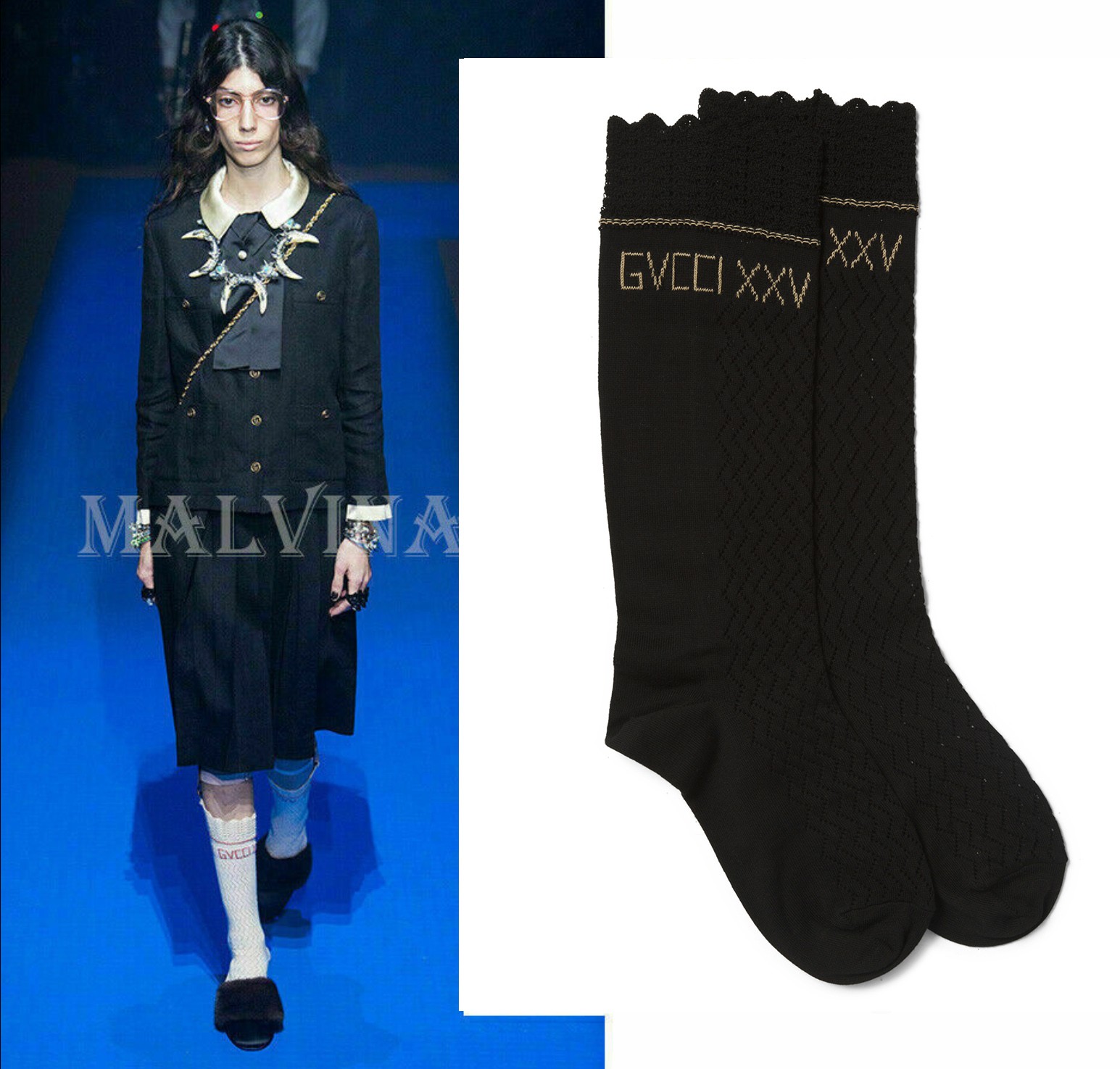 GUCCI DRESS SOCKS XXV KNITTED COTTON CROCHET SCALLOP TOP EMBROIDERED LOGO $390 M