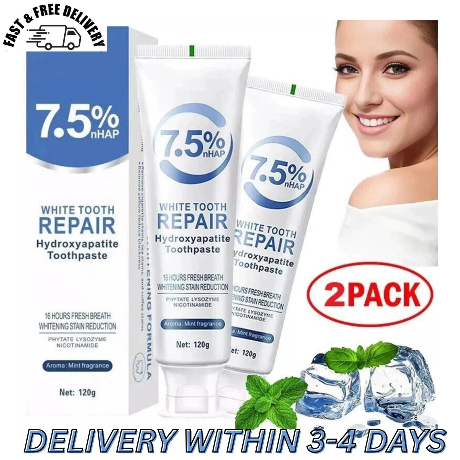 2 Pasta dental con 7.5% Nano Hidroxiapatita, sin flúor, 4oz, blanqueadora