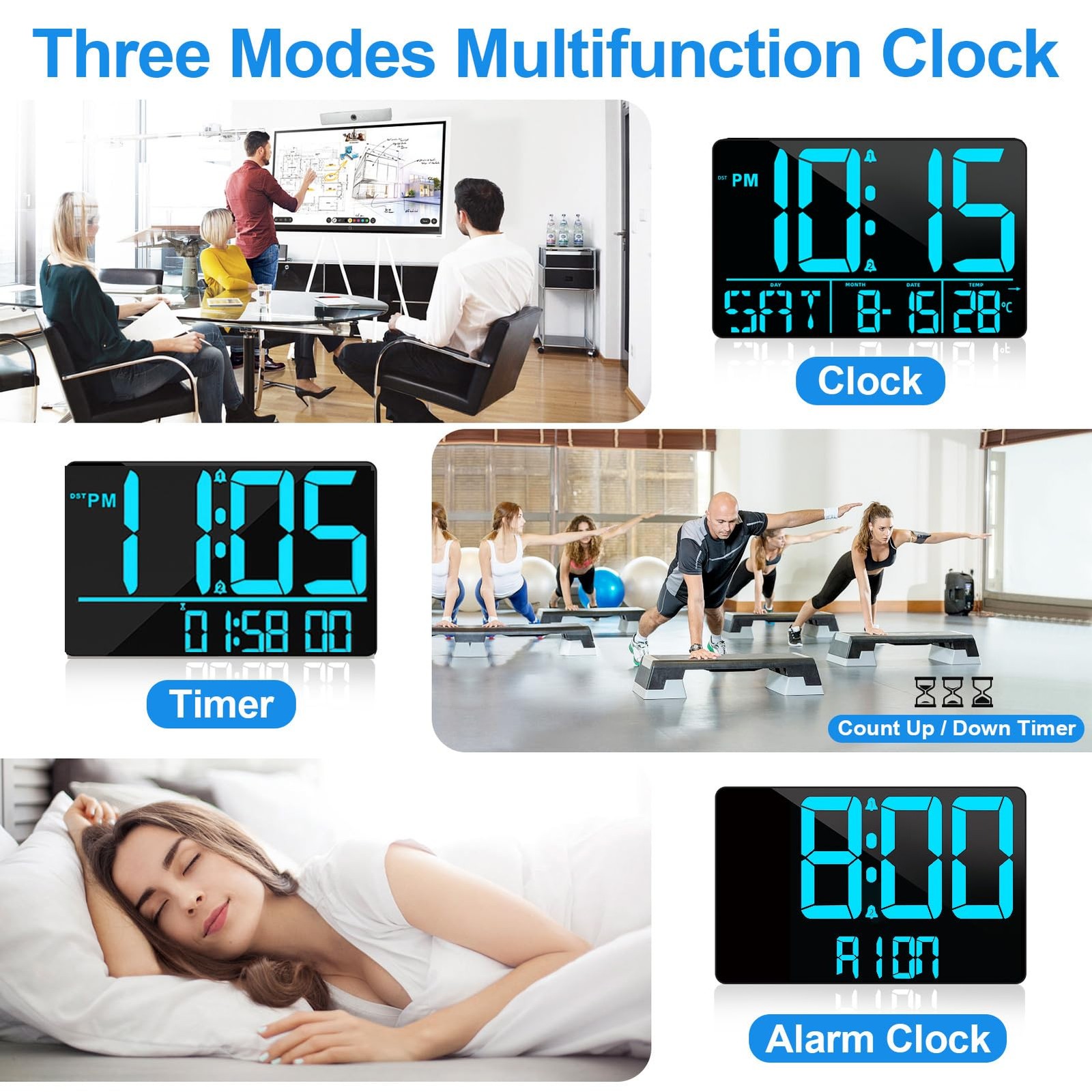 13" Digital Wall Clock Large Display with Remote 25 Ringtones Temperature Cal...