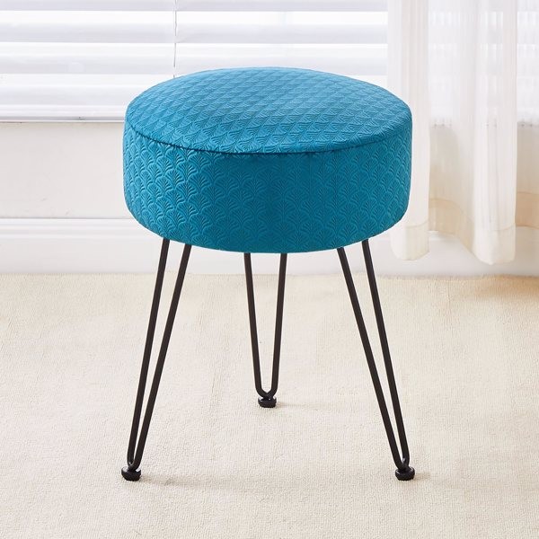 Modern Round Velvet Vanity Stool Metal Legs Ottoman Footstool for Home Use