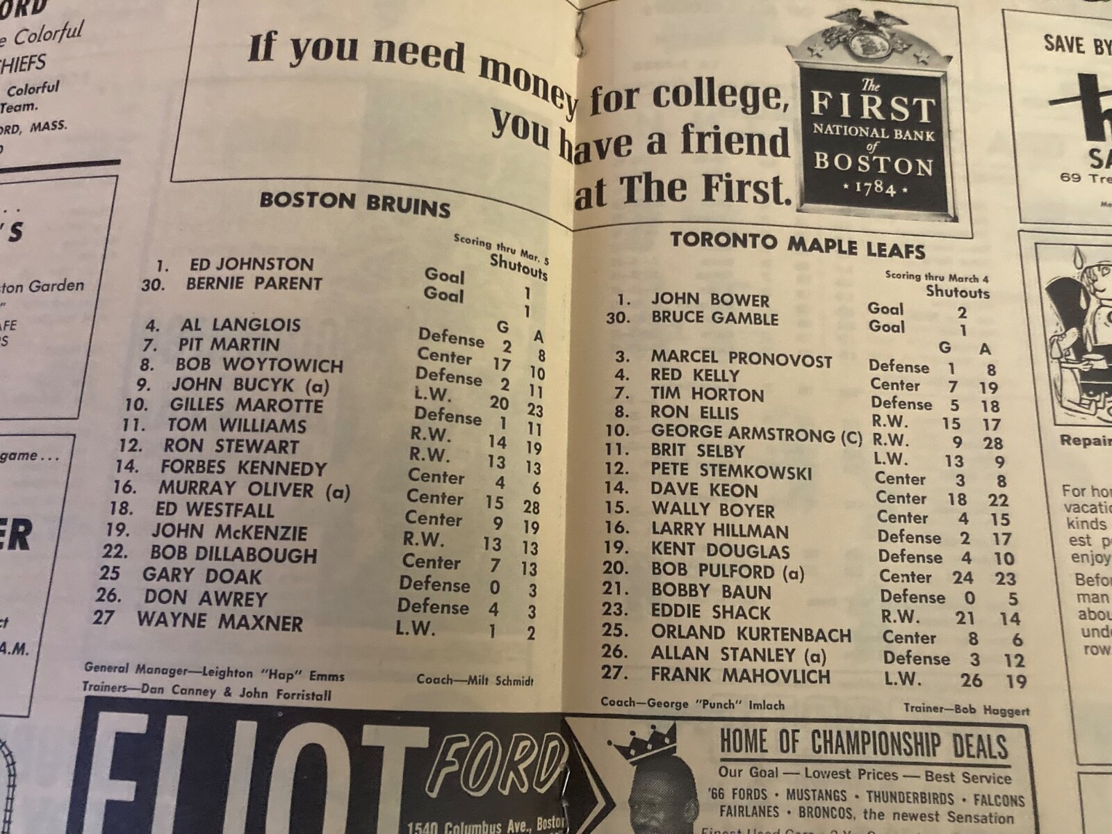 1965-66 Boston Bruins Hockey Program vs. Toronto Maple Leafs