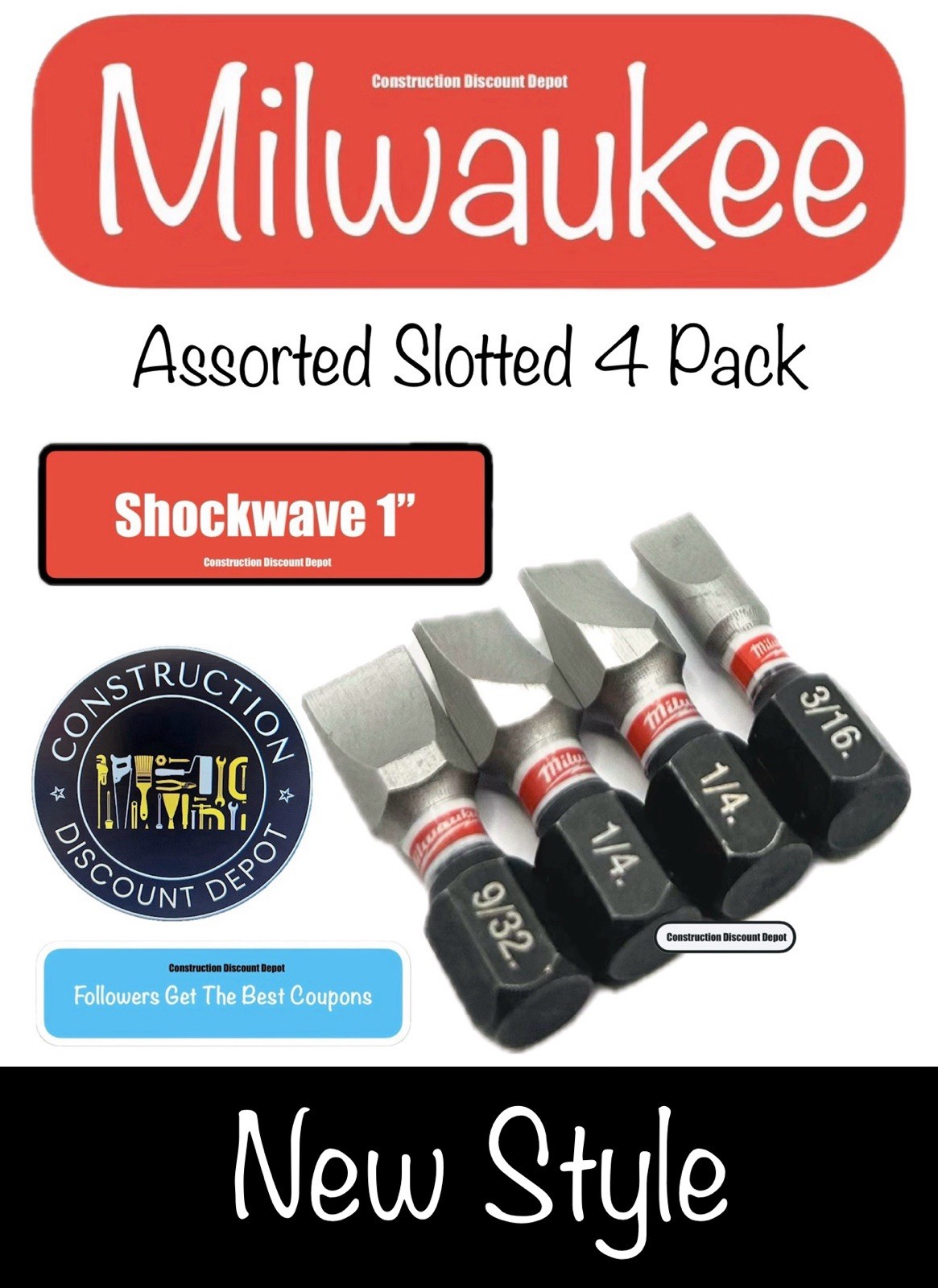 4 Pack Assortment Slotted Milwaukee Shockwave Impact 1" Bit SL#8 SL#10 SL#12