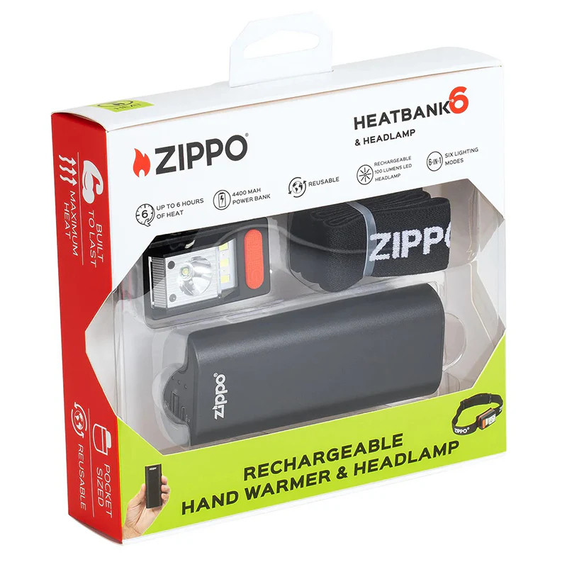 Zippo HeatBank 6 Rechargeable Hand Warmer and LED Headlamp Gift Set 4400mAh