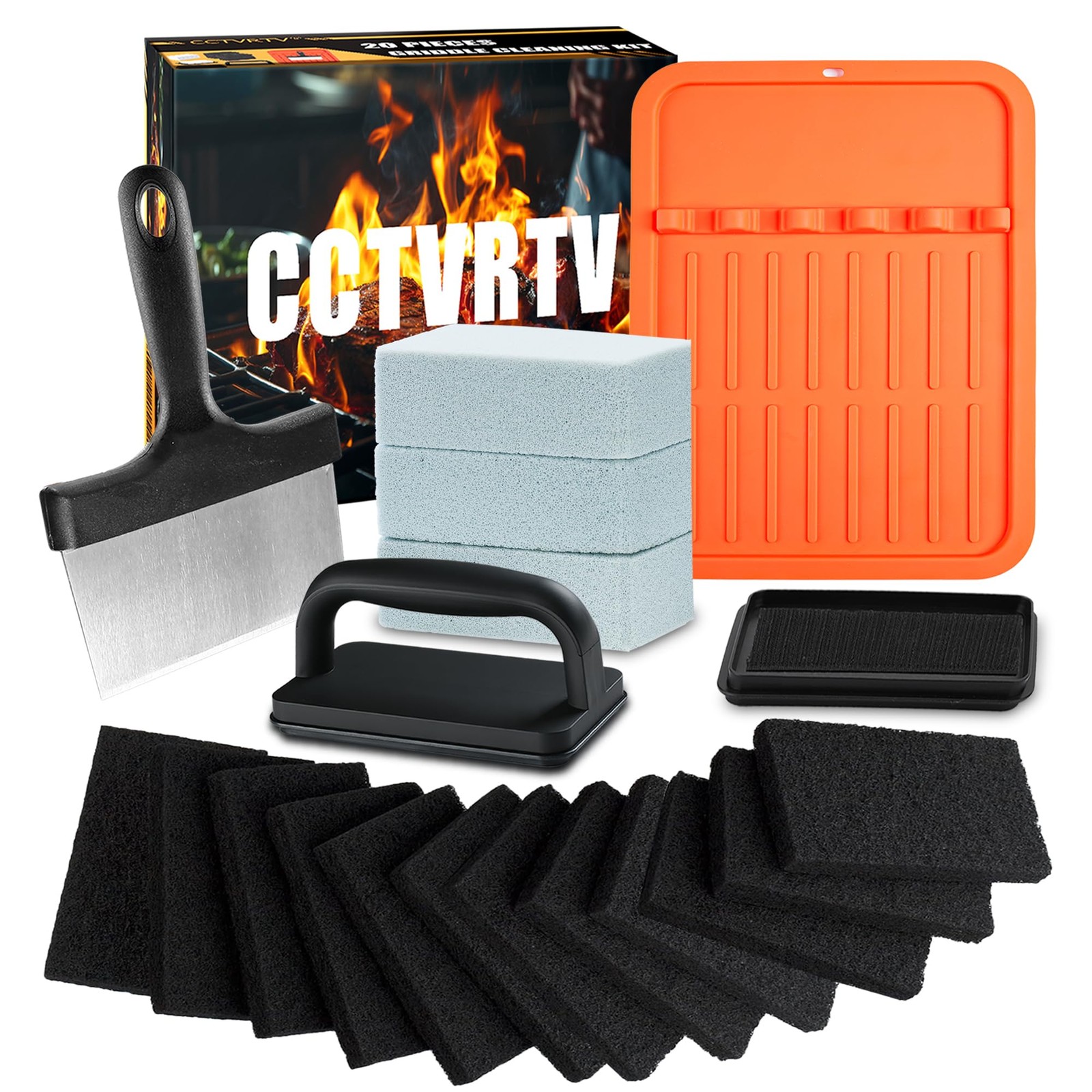 Upgraded Griddle Cleaning Kit for 20 Pcs cleaning kit, Black,Orange