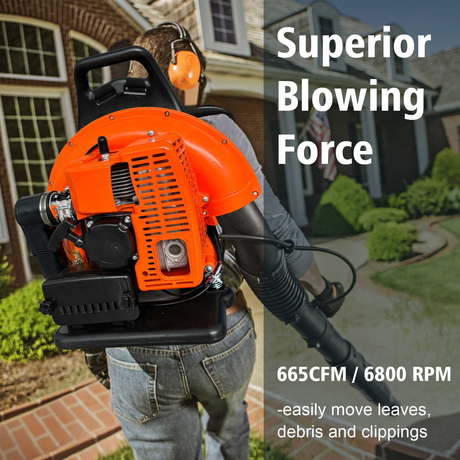 Backpack Leaf Blower Gas Powered Snow Blower 665CFM 63CC 2-Stroke 3HP 6800 RPM