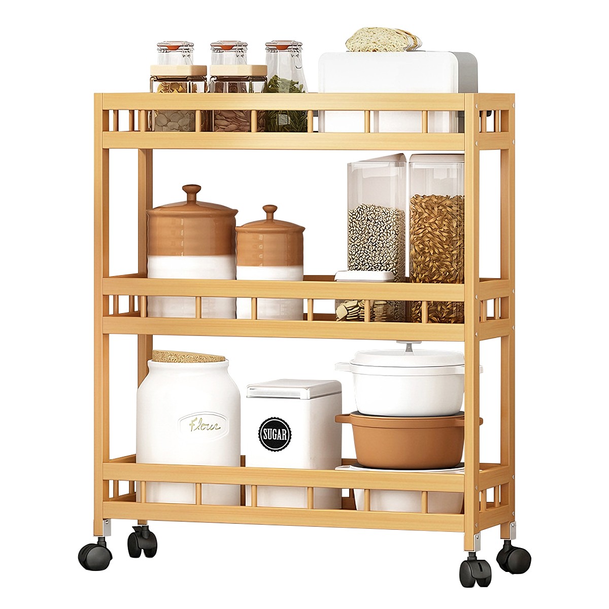 3-Tier Slim Rolling Kitchen Cart, Bamboo Utility Rack 7.1" Wide Narrow Space