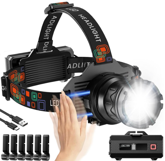 Linterna Frontal LED Recargable 9 Modos, Sensor Movimiento, Zoom, IPX7, 90°