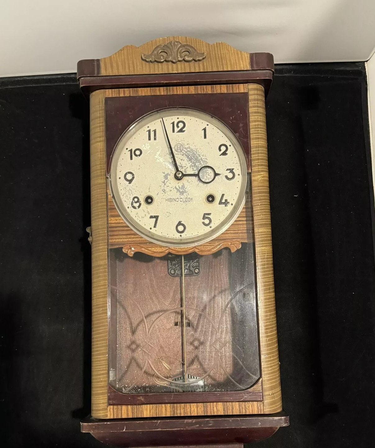 HIBINO vintage wall clock from Nagoya JAPAN about 20 inches tall etched glass