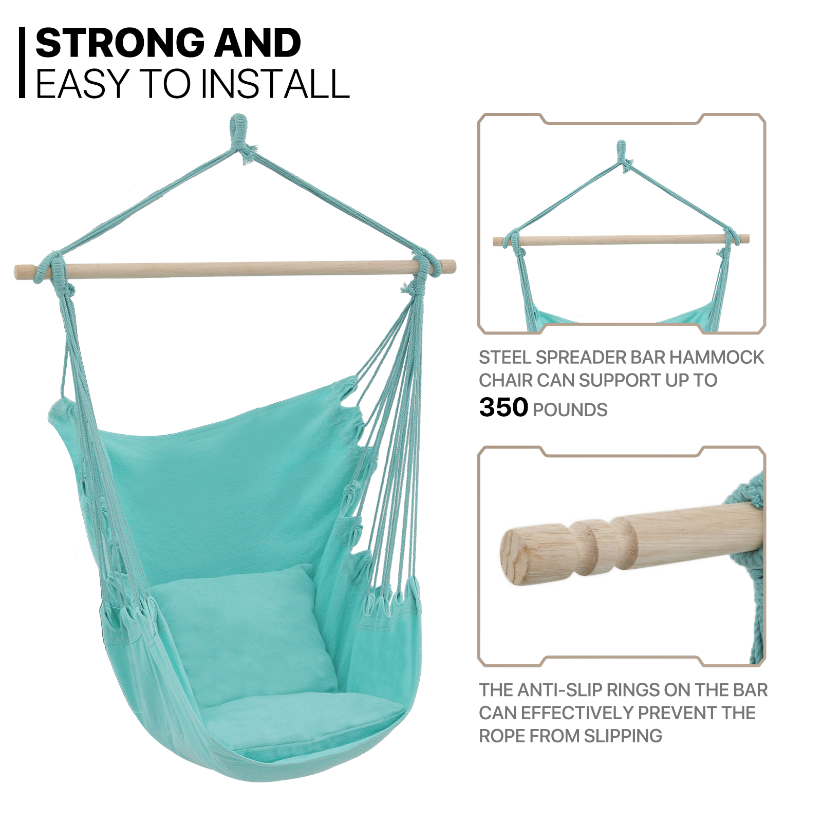 Patio Hammock Chair Macrame Swing Hanging Rope 350Lbs w/Cushion Seat&Side Pocket