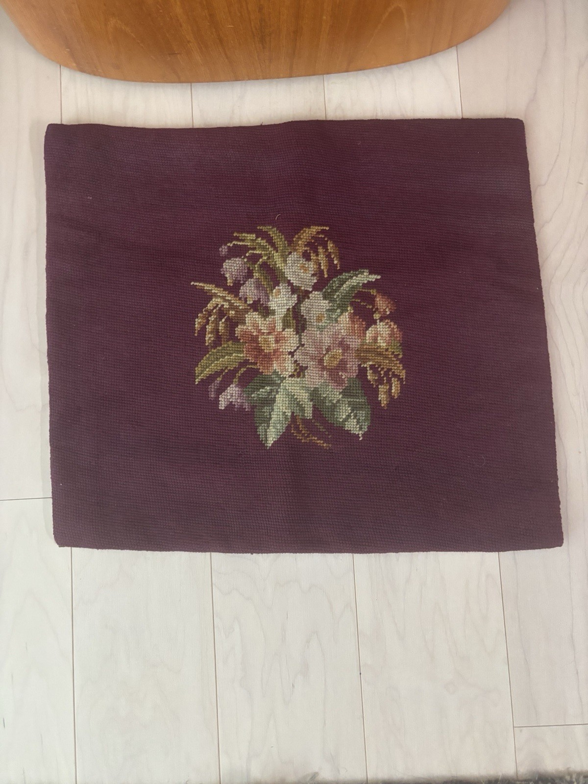 Vintage Burgundy Floral Wool Pre Worked Needlepoint Canvas Seat Cover