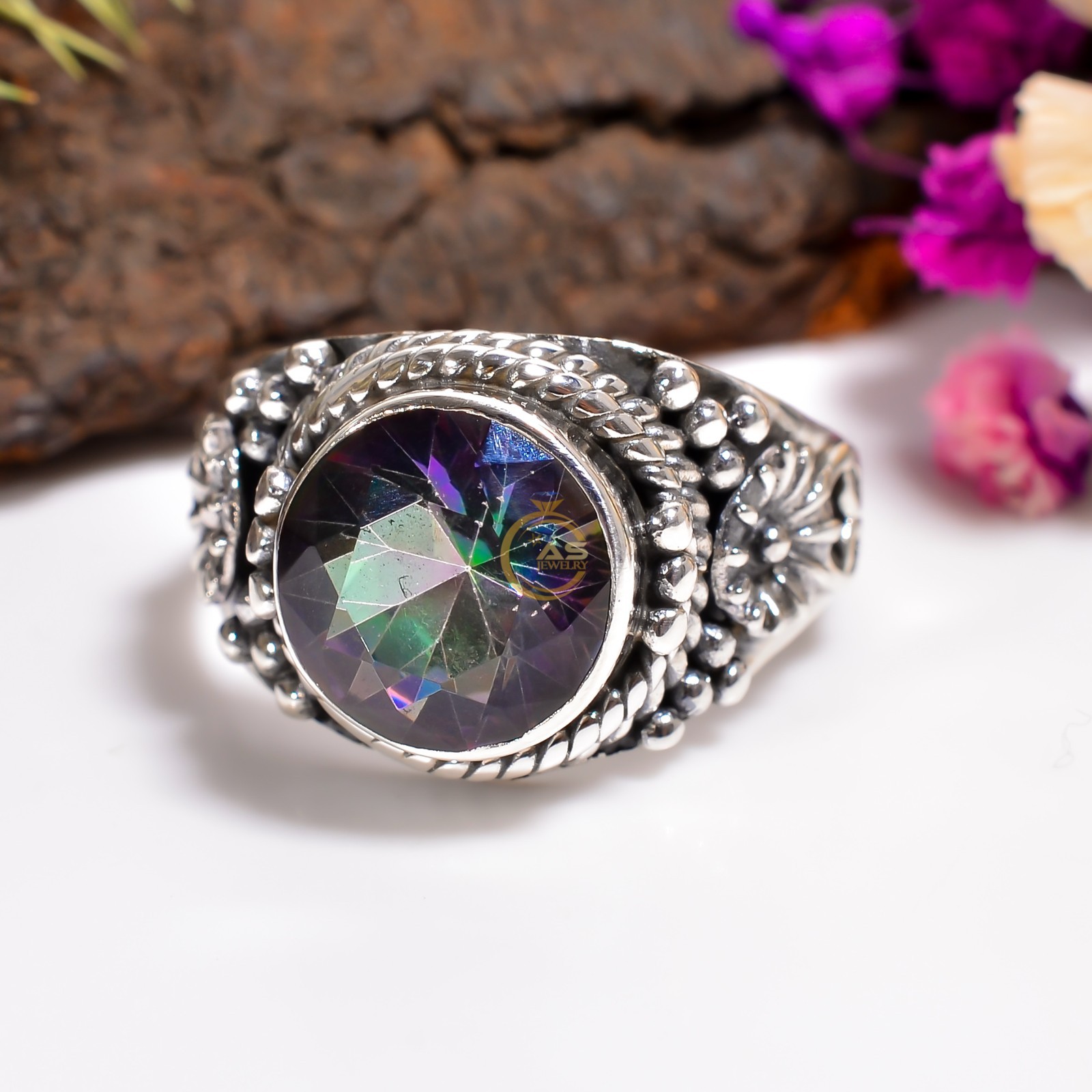 Rainbow Mystic Topaz Ring 925 Sterling Silver Promise Rings Jewelry Gift for Her