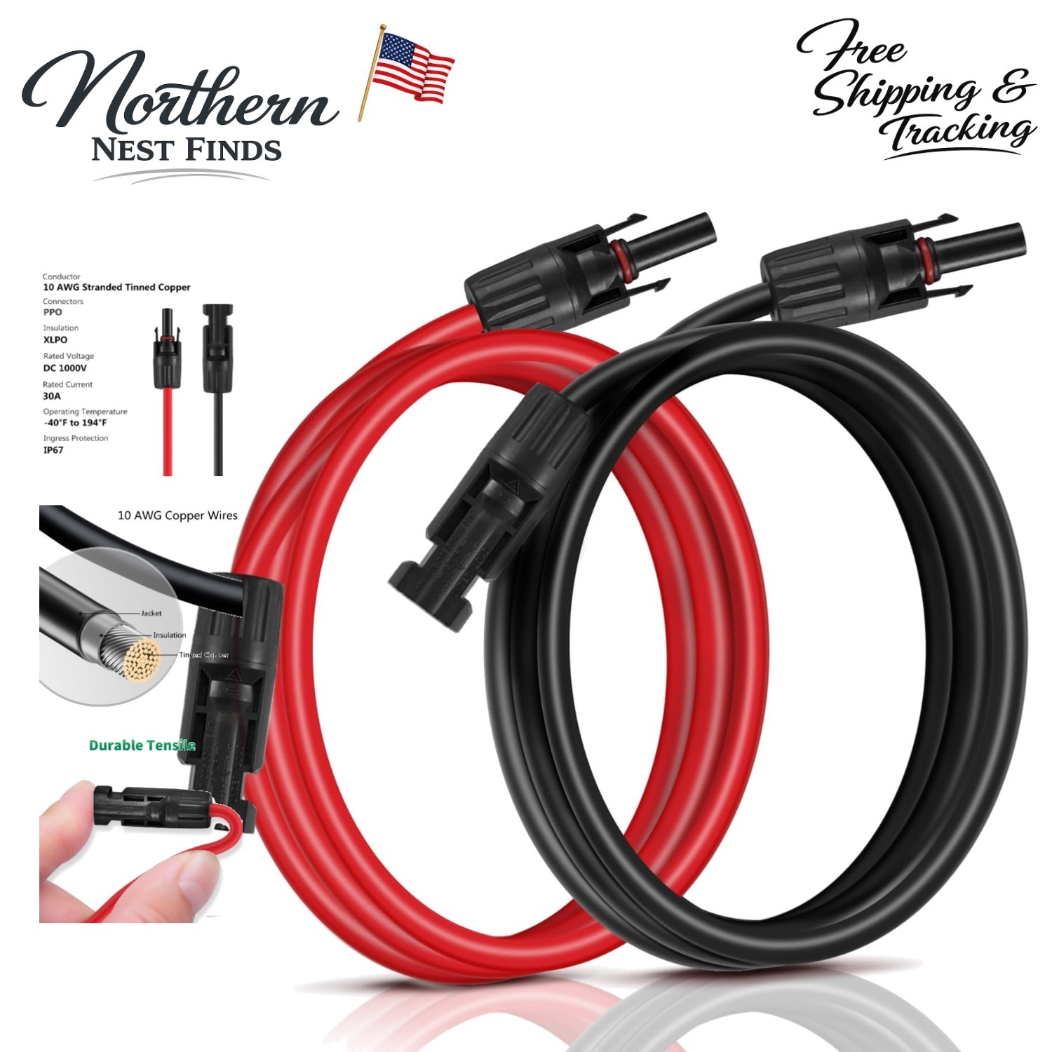 High-Performance 20 Feet Solar Extension Cables - 10AWG Red & Black Connectors
