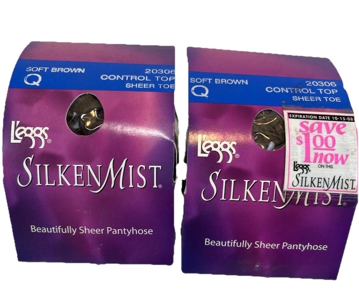 L'eggs Silken Mist Sheer Pantyhose Soft Brown Q Control Top Sheer Toe Lot of 2