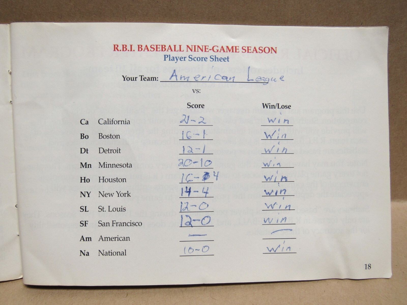 R.B.I. BASEBALL Manual - no game .... NES Nintendo
