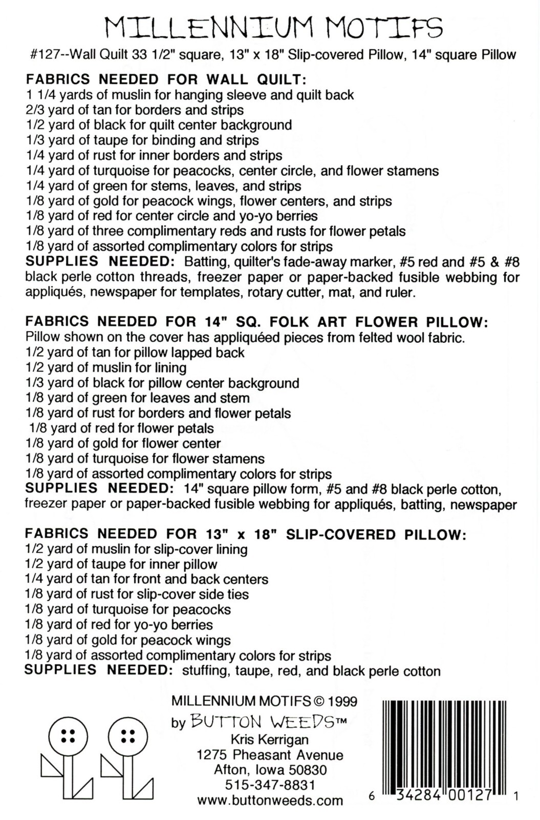 Button Weeds #127 MILLENNIUM MOTIFS Wall Quilt, Applique Pillows UNCUT Pattern