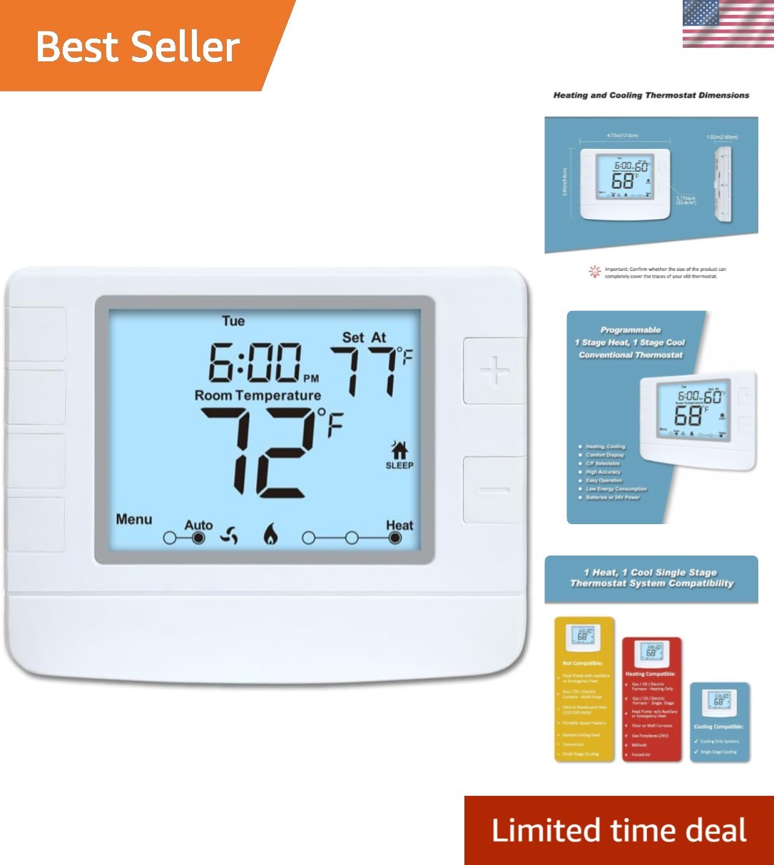 Programmable Thermostat for House, 1 Heat/1 Cool, Extra Large Display, White ...