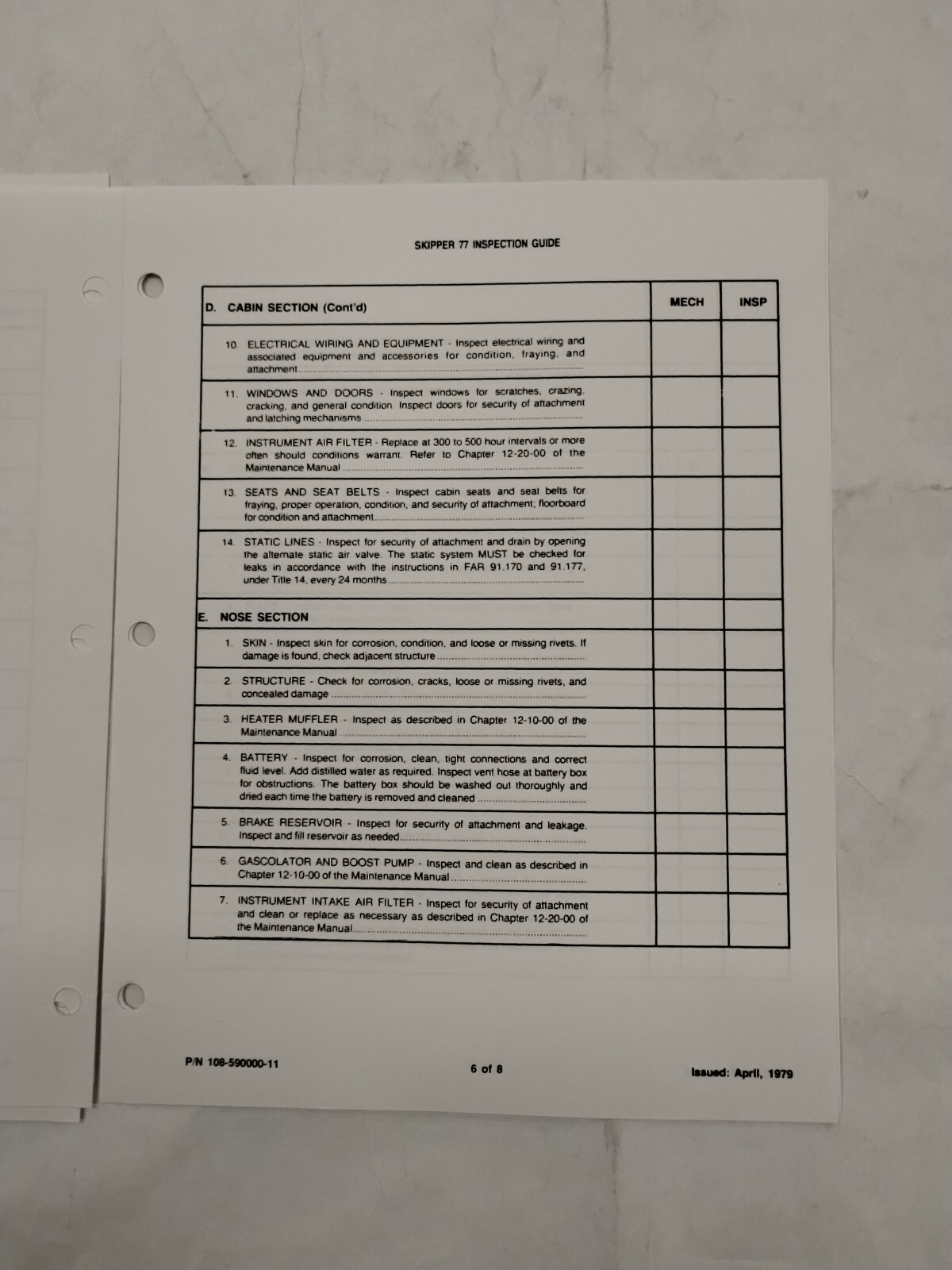 Beechcraft Model Skipper 77 Inspection Guide (12-Sets)-Original