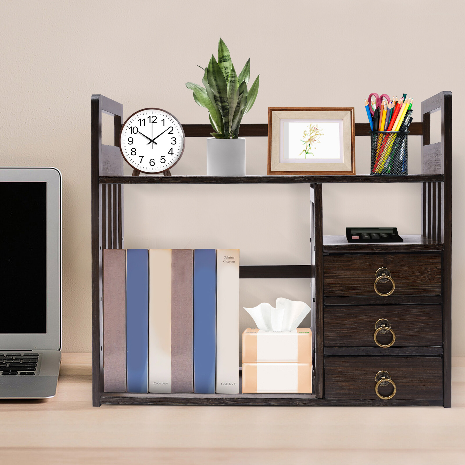 Desktop Bookshelf with Drawer, Bamboo Drawers,Tabletop Storage Container