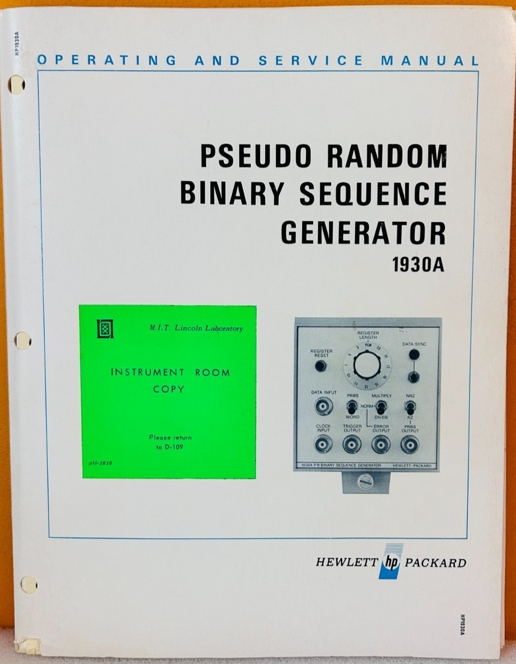 HP 01930-90901 Model 1930A Pseudo Random Binary Sequence Generator Manual.