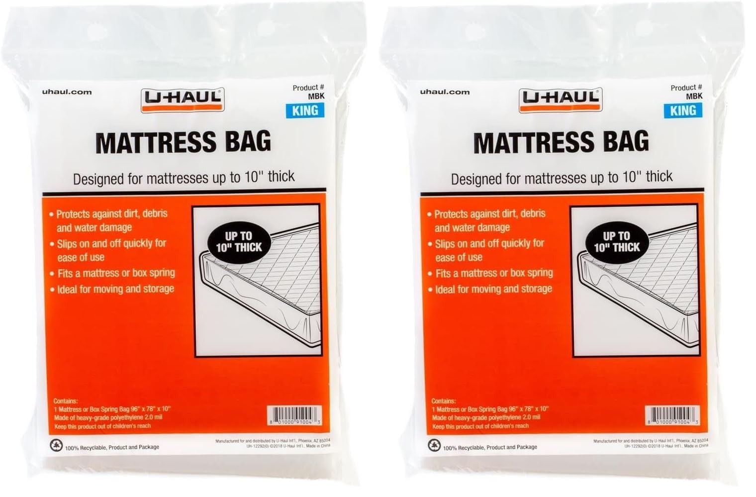 U-Haul Standard King Mattress – 96” x 78” x 10” (Pack of 2), Clear