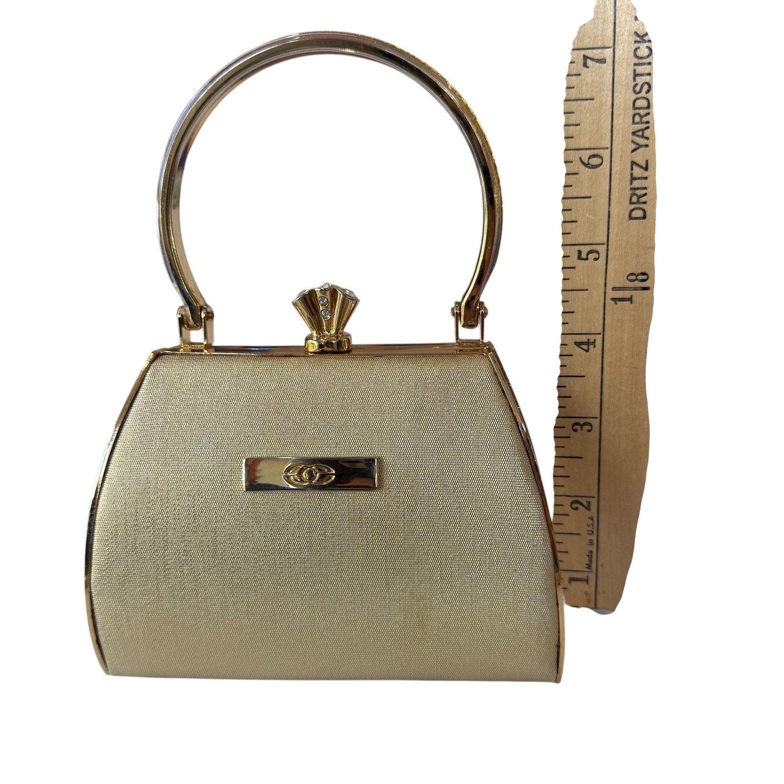 Gold Evening Clutch Handbag with Rhinestone Kiss Lock and Chain Strap