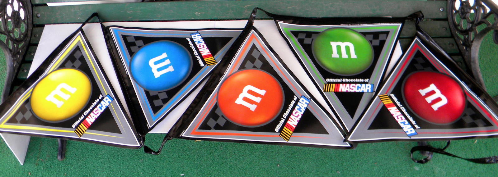 5 NASCAR M&M's PENNANT/FLAG BLUE/YELLOW/RED/GREEN/ORANGE Flags MANCAVE