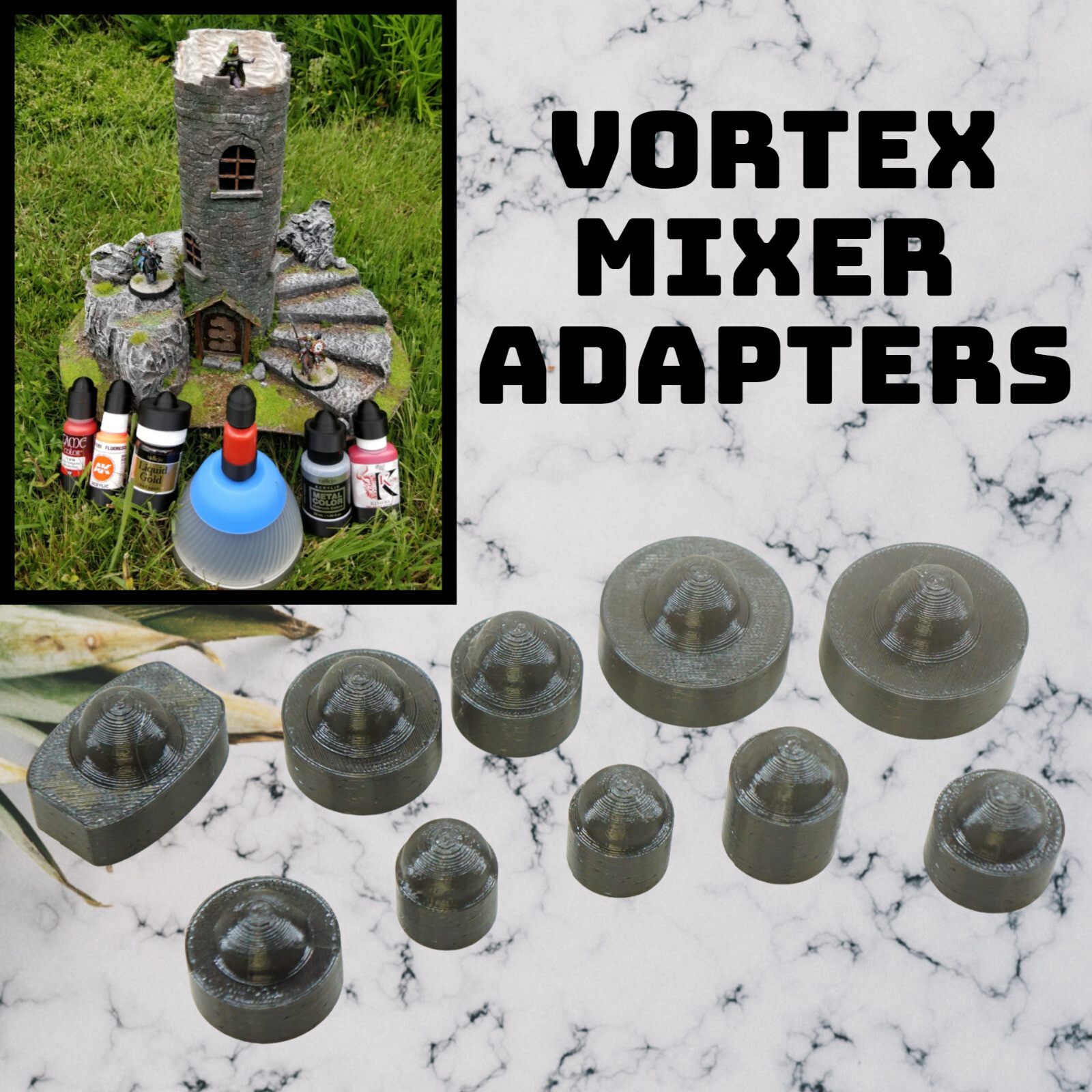 3D Paint Bottle Adapter for Four E's Vortex Mixer (Vallejo, AK, Kimera, 10ml)