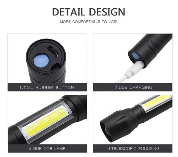 Mini LED Flashlight Black USB Rechargeable Handtool lamp Camping Tourch Lantern