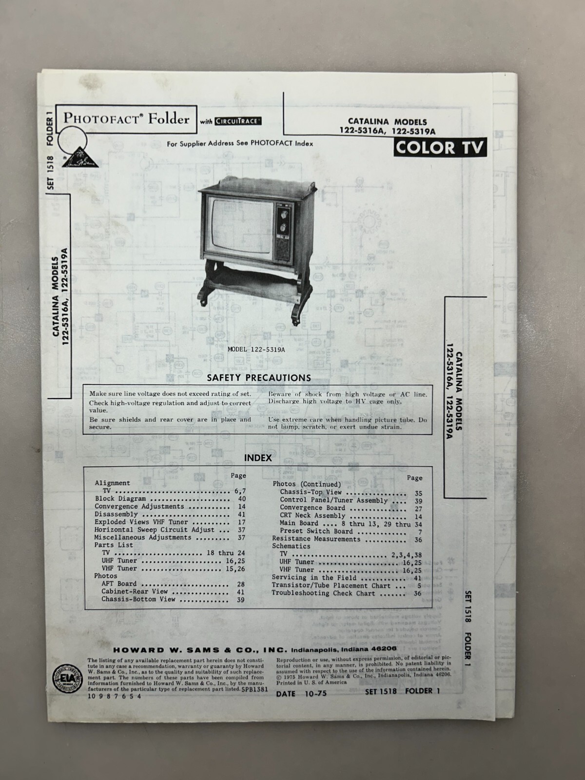Catalina 122-5316A 5319A Service Manual Sams Photofact Free Shipping