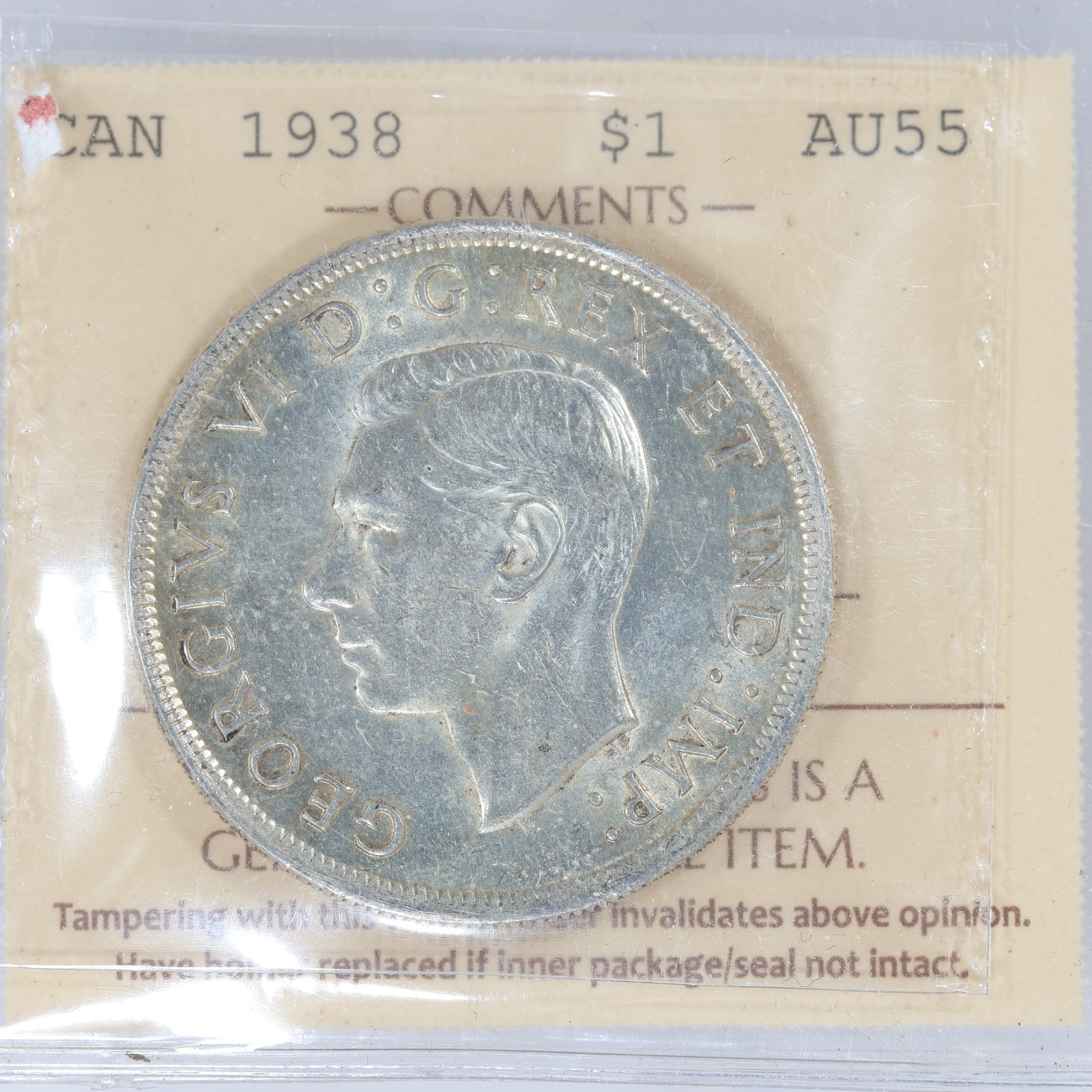 1938 Canada Silver Dollar ICCS AU55 - Key Date