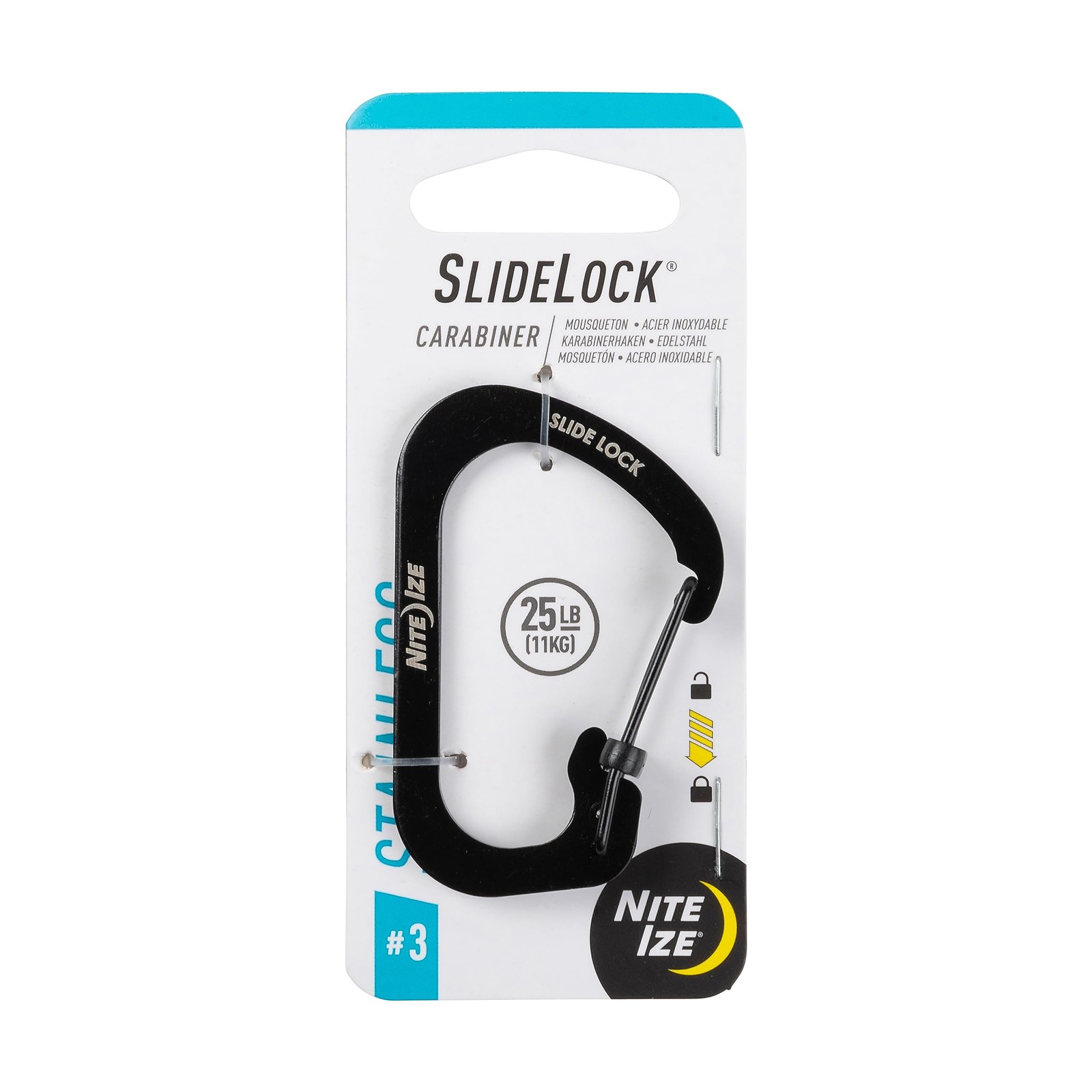 Nite Ize SlideLock Stainless Steel, Locking Carabiner Clip, Size #3, Black