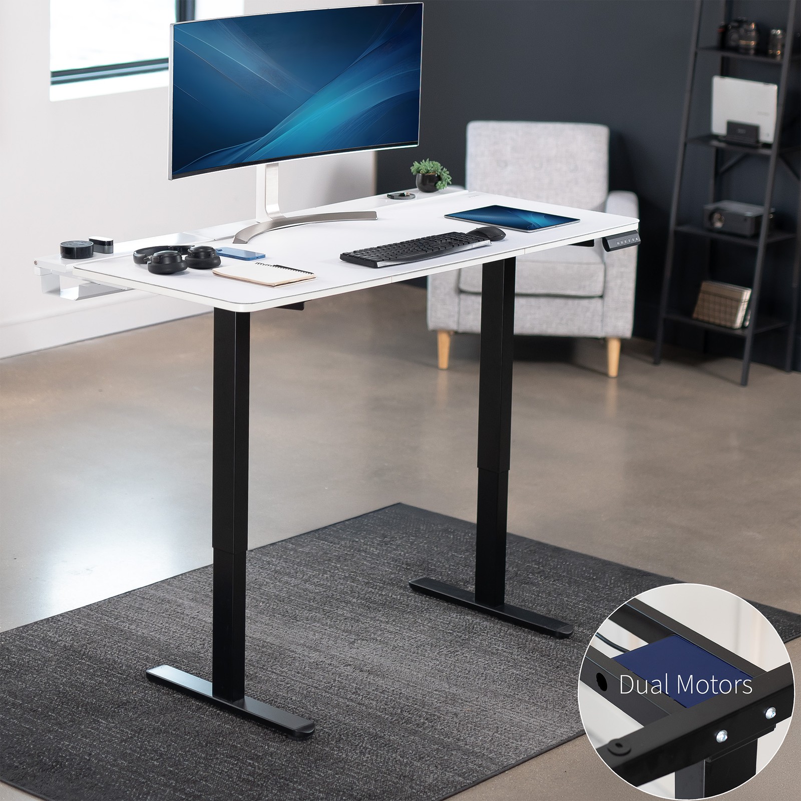 VIVO Electric 60" x 30" Desk, Full Pad, White Hidden Cable Tabletop, Black Frame