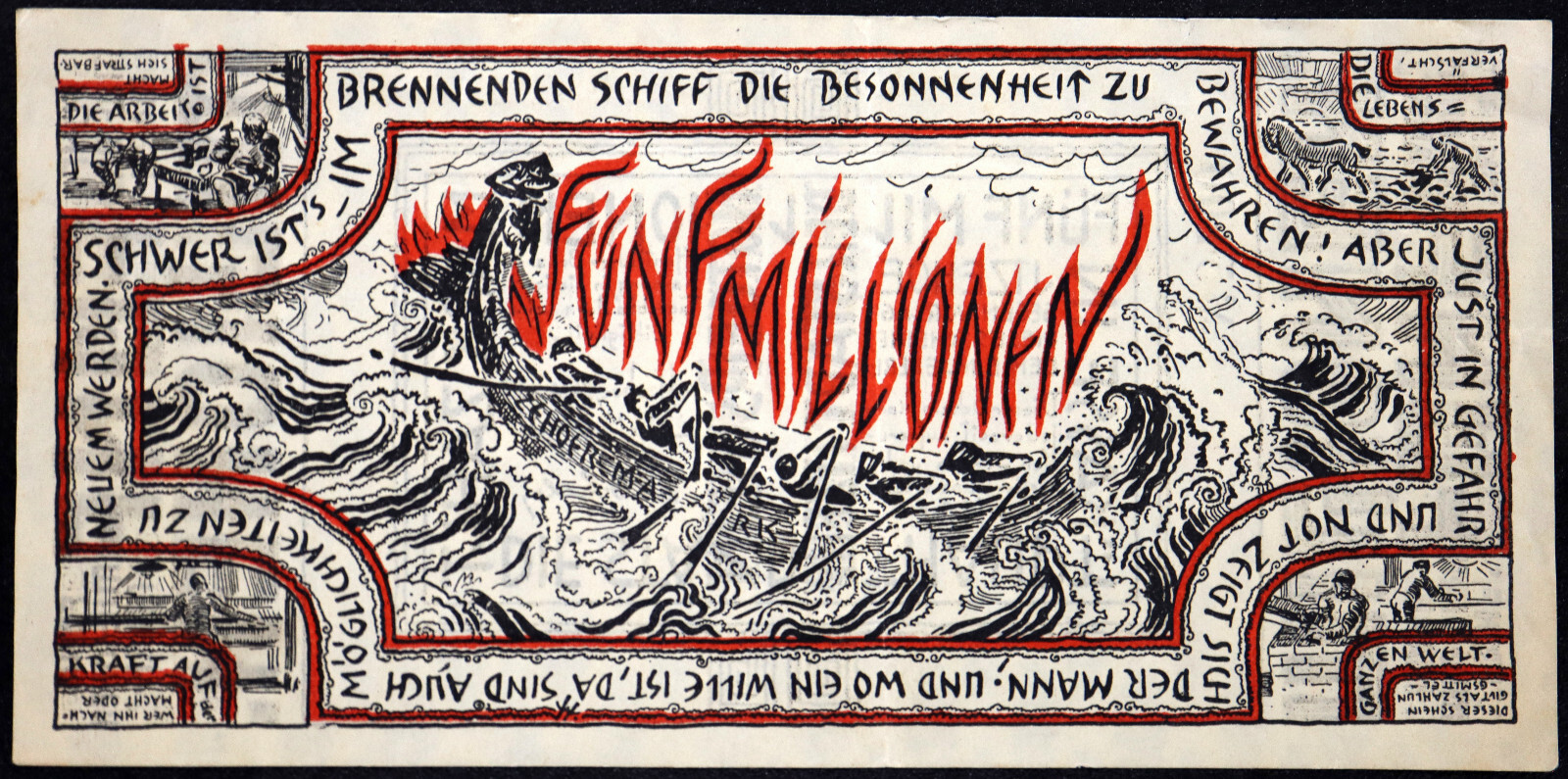 ITZEHOE 1923 WENZEL HABLIK ART! "Burning Ship in a Storm" 5 Million Mark XX-RARE
