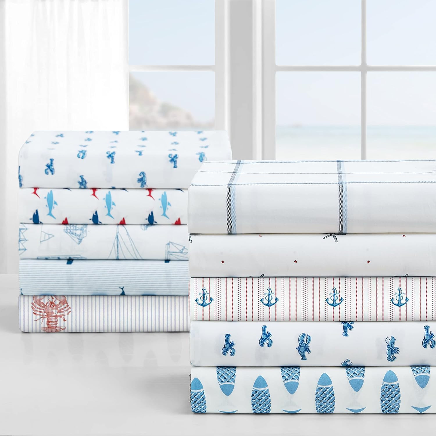- King Size Sheets, Cotton Percale Bedding Set, Crisp & Cool, Coastal Home Decor