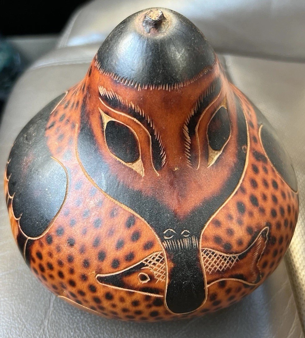 Peruvian Handcarved /Burned Musical Shaker Gourd - Folk Art - Bird w/Fish