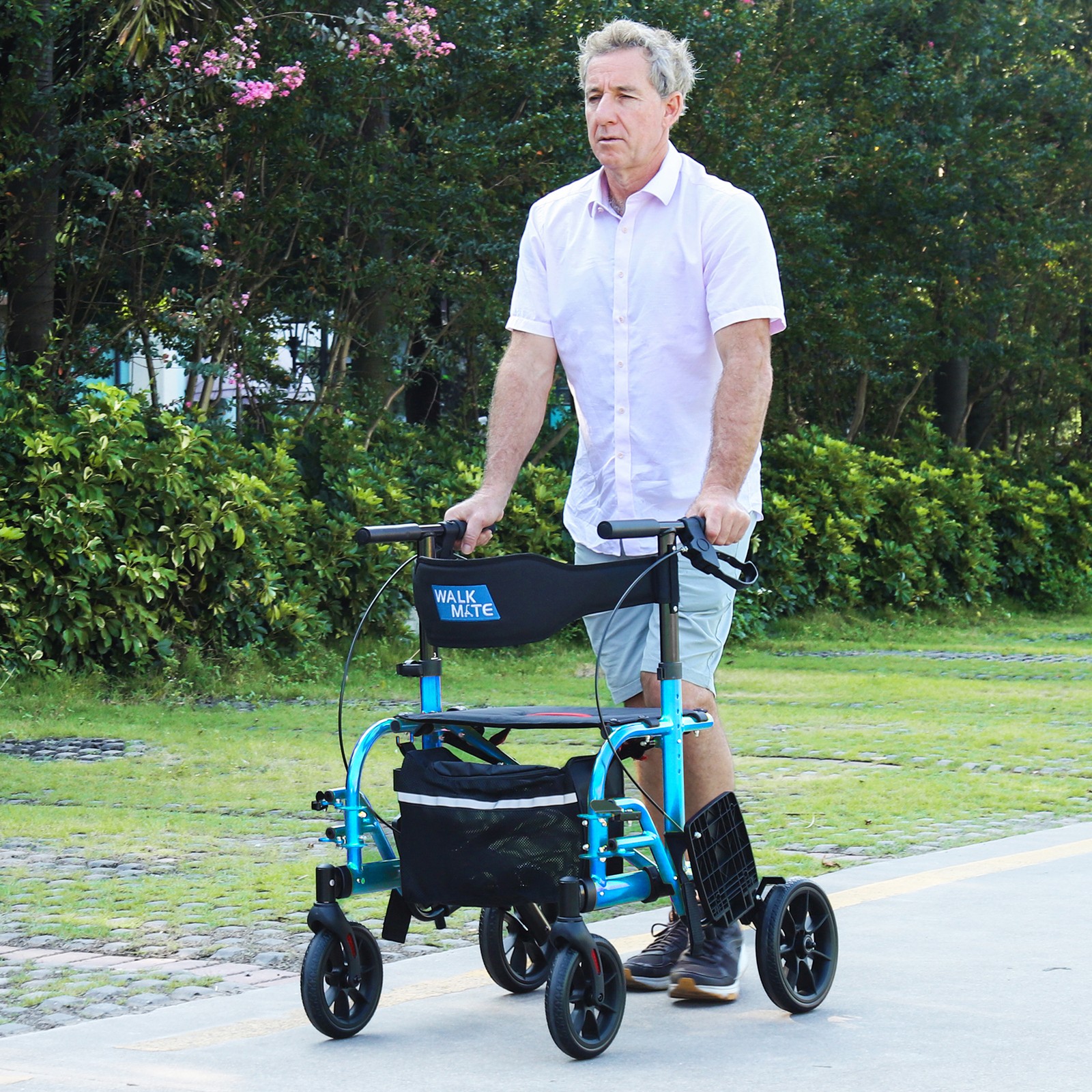 2-in-1 Rollator Walker & Transport Chair for Seniors with Seat, 10" Wheels Blue