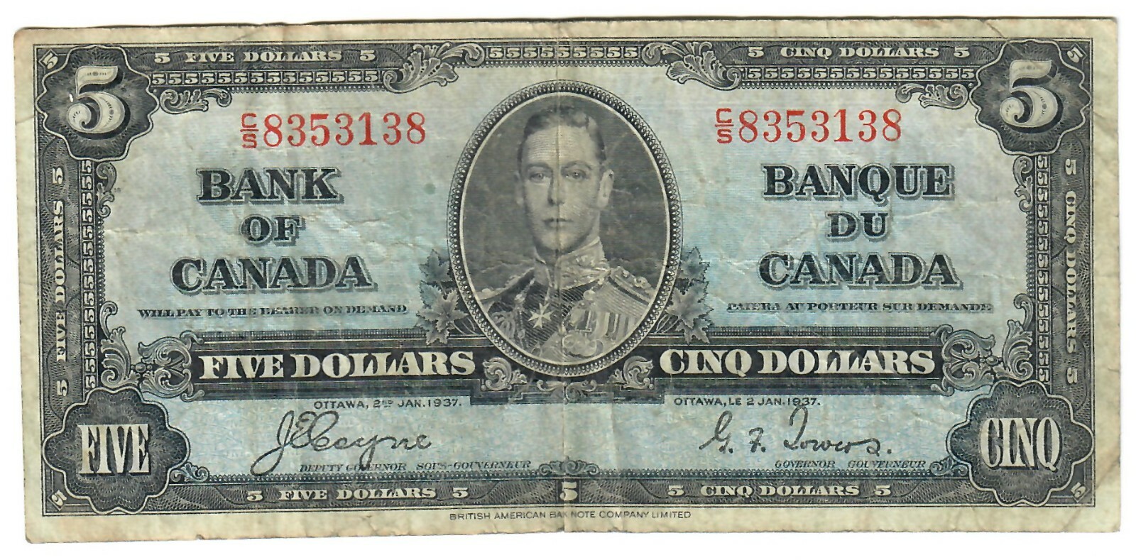 Canada 5 Dollars 1937 VF Coyne-Towers C/S