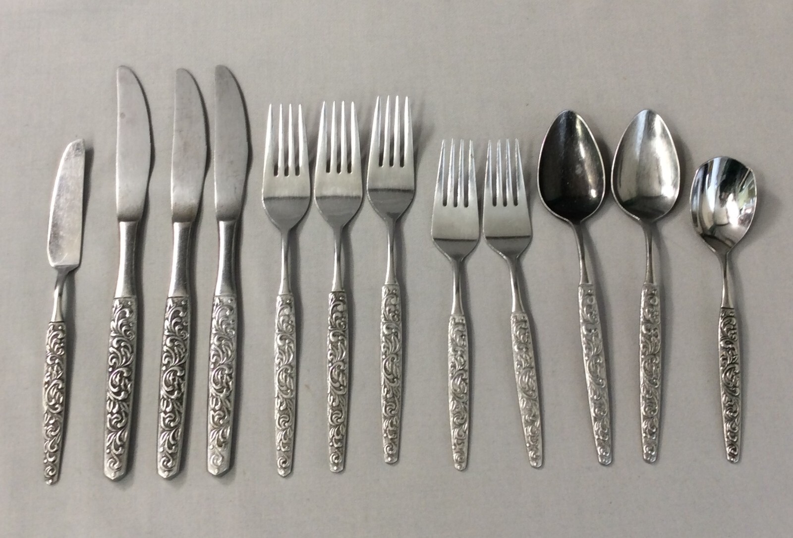 Vintage United Silver Co Stainless Japan Flatware 12 pcs Scroll Mixed Set US13