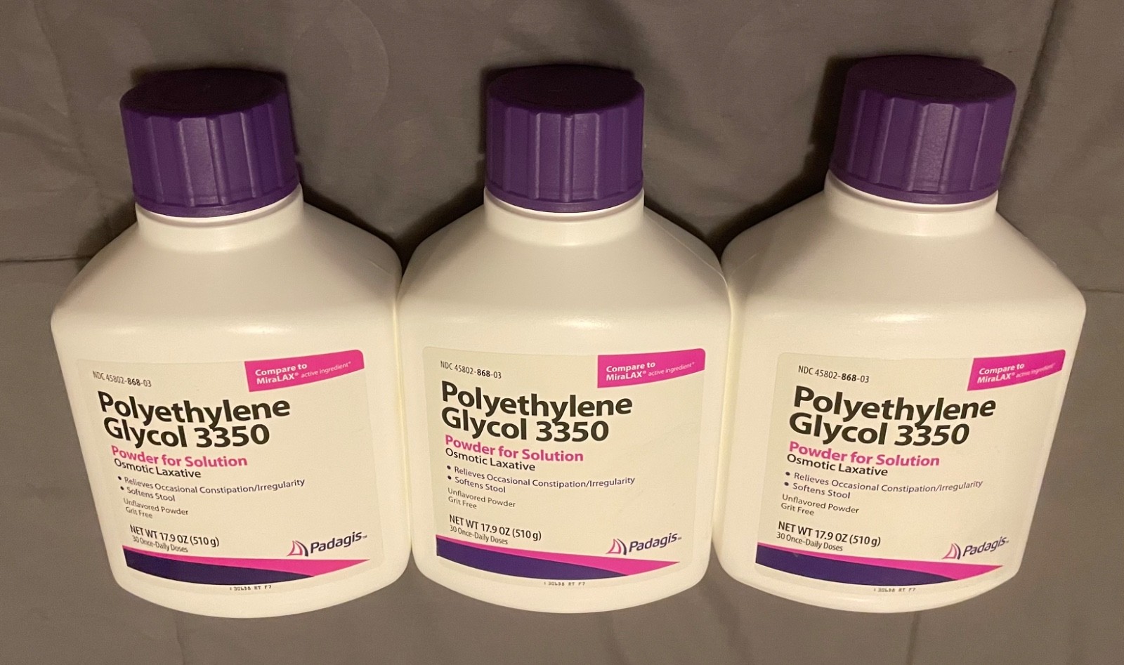 (3) New Sealed Padagis Polyethylene Glycol 3350 17.9 Oz. Exp Mar.2027, Oct.2026