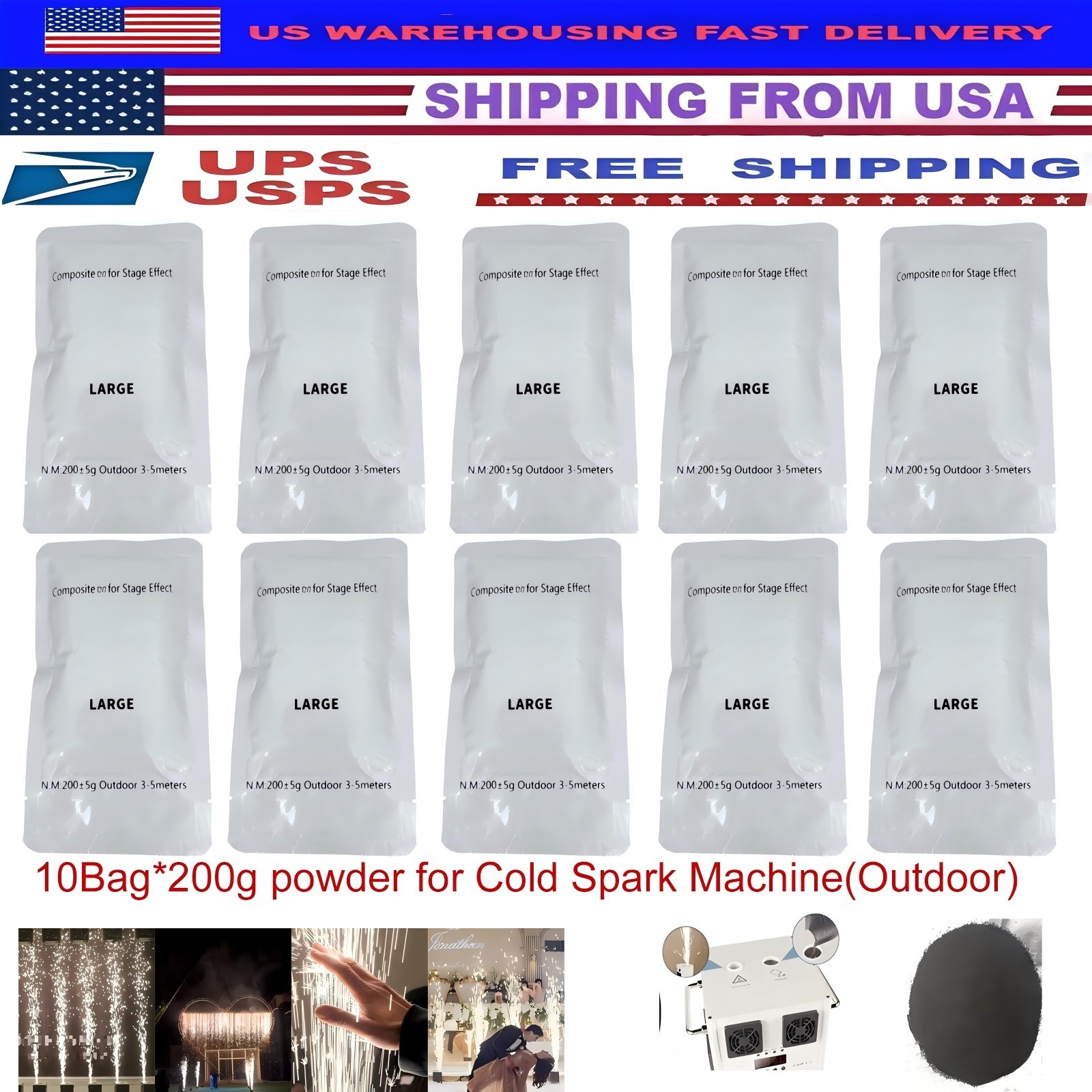 10/6/2 bags*200g Cold Sparks Machine Ti Powder,Outdoor 3-5M,for Stage(200g/Bag)