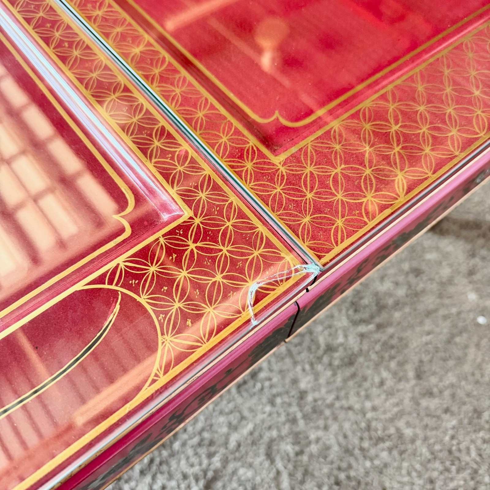 Chinese Red and Gold Lacquered Hand Painted Extendable Dining Table With Glass
