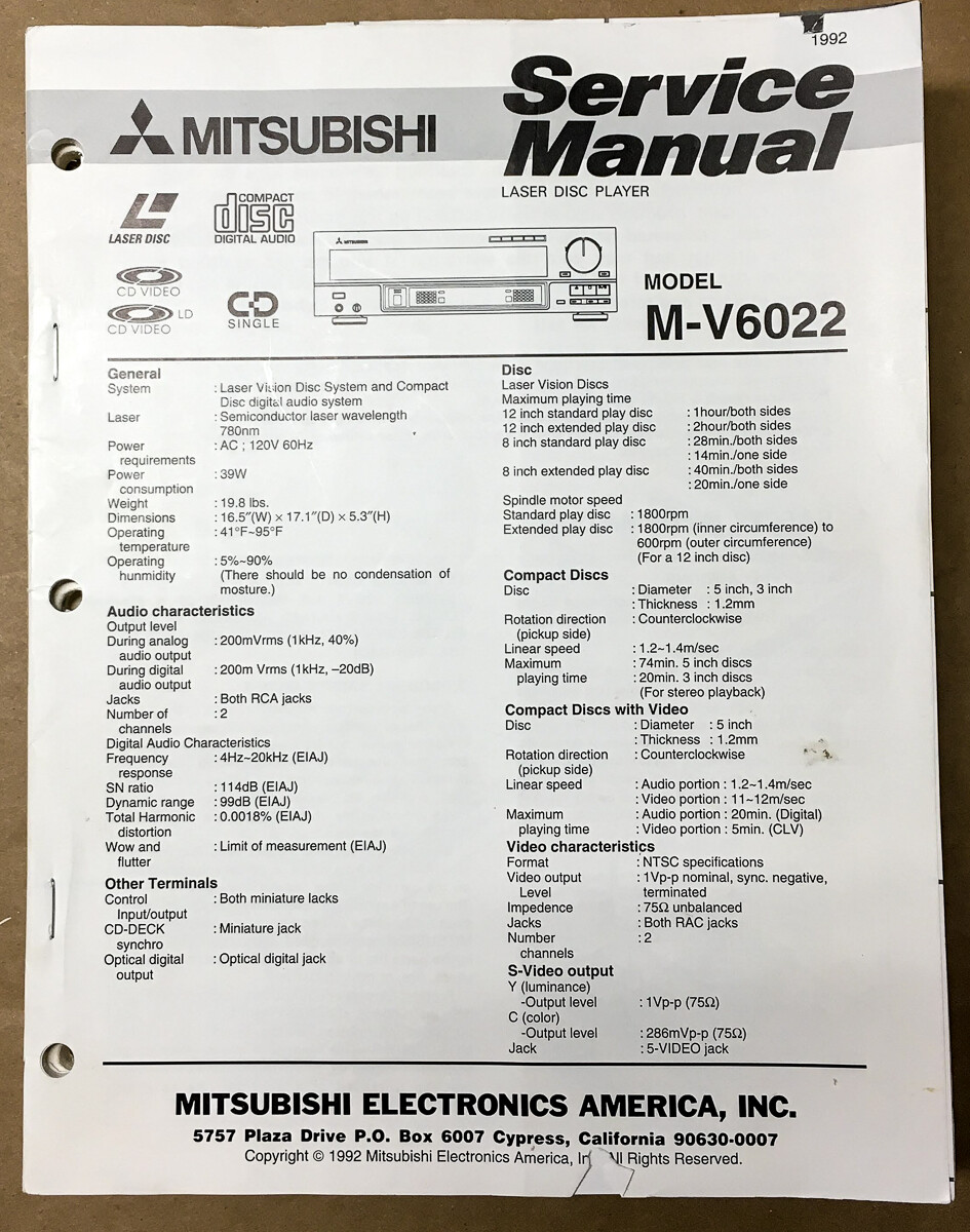 Mitsubishi M-V6022 VCR Service Manual *Original* #2