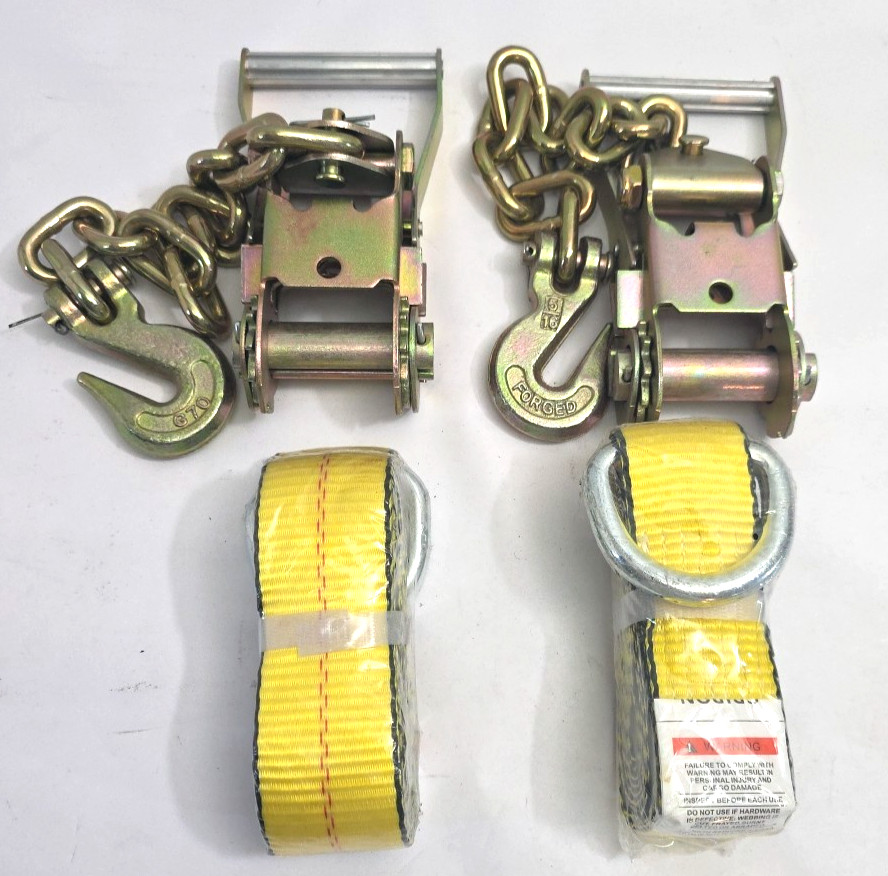 2pk 2in Ratchet G70 Chain Hook Tie Down with 2"x12ft Lasso Strap